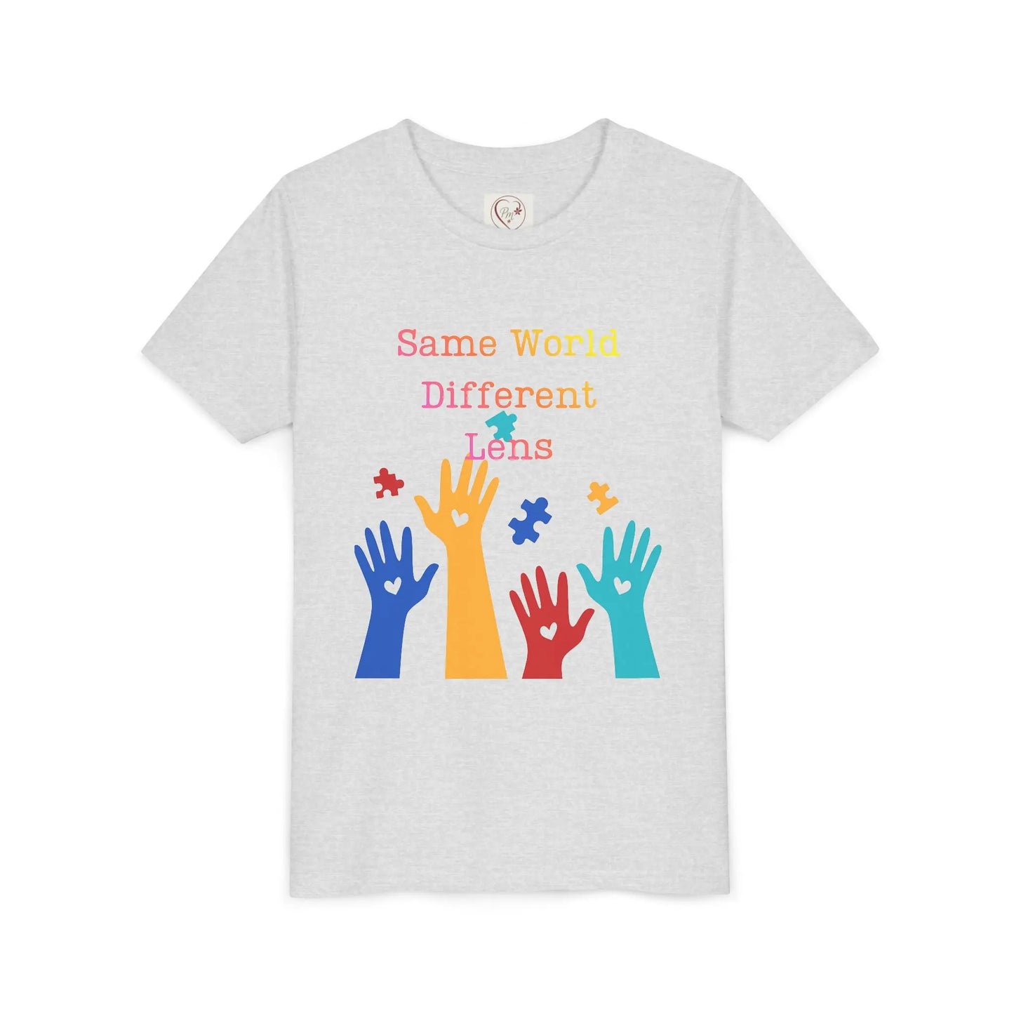 Soft cotton Youth tee with colorful hands, puzzle pieces, and Built Differently message. Celebrates neurodiversity and inclusion. Sizes 2T-5T. Ash
