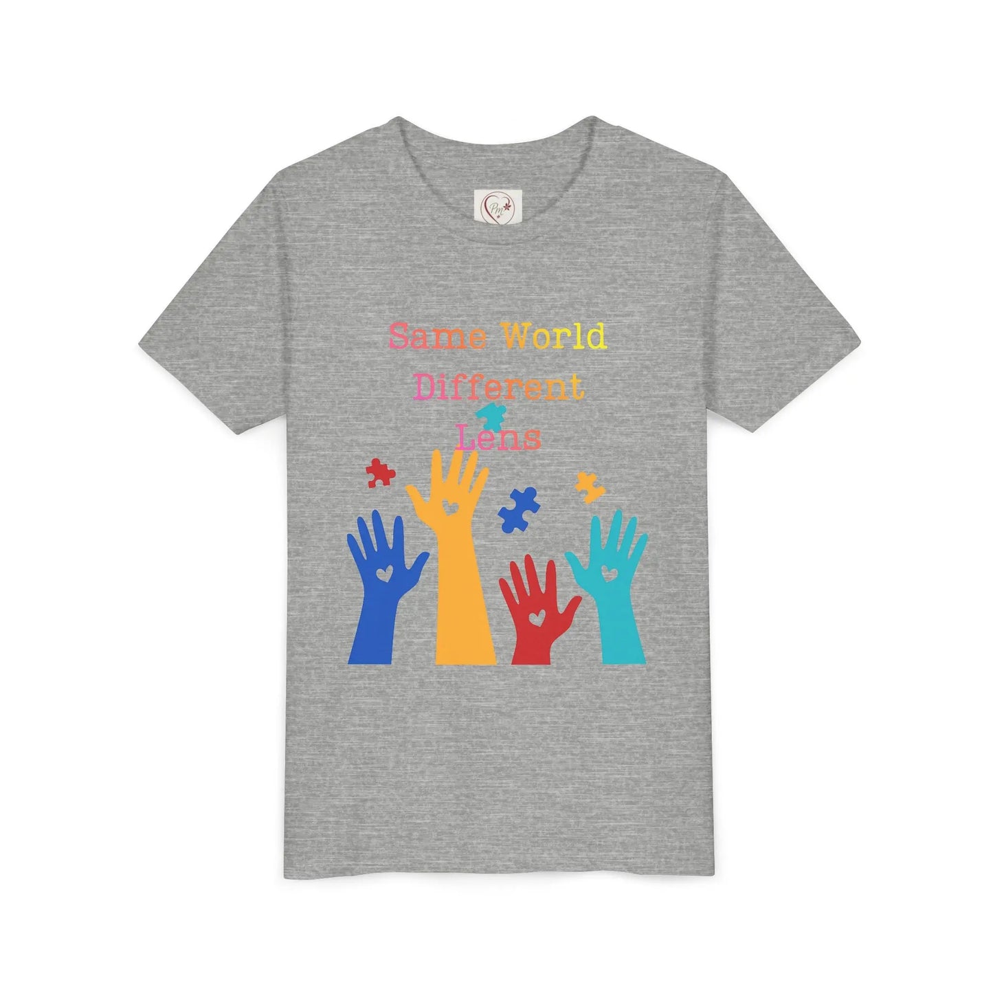 Soft cotton youth tee with colorful hands, puzzle pieces, and Built Differently message. Celebrates neurodiversity and inclusion. Sizes 2T-5T. athletic heather

