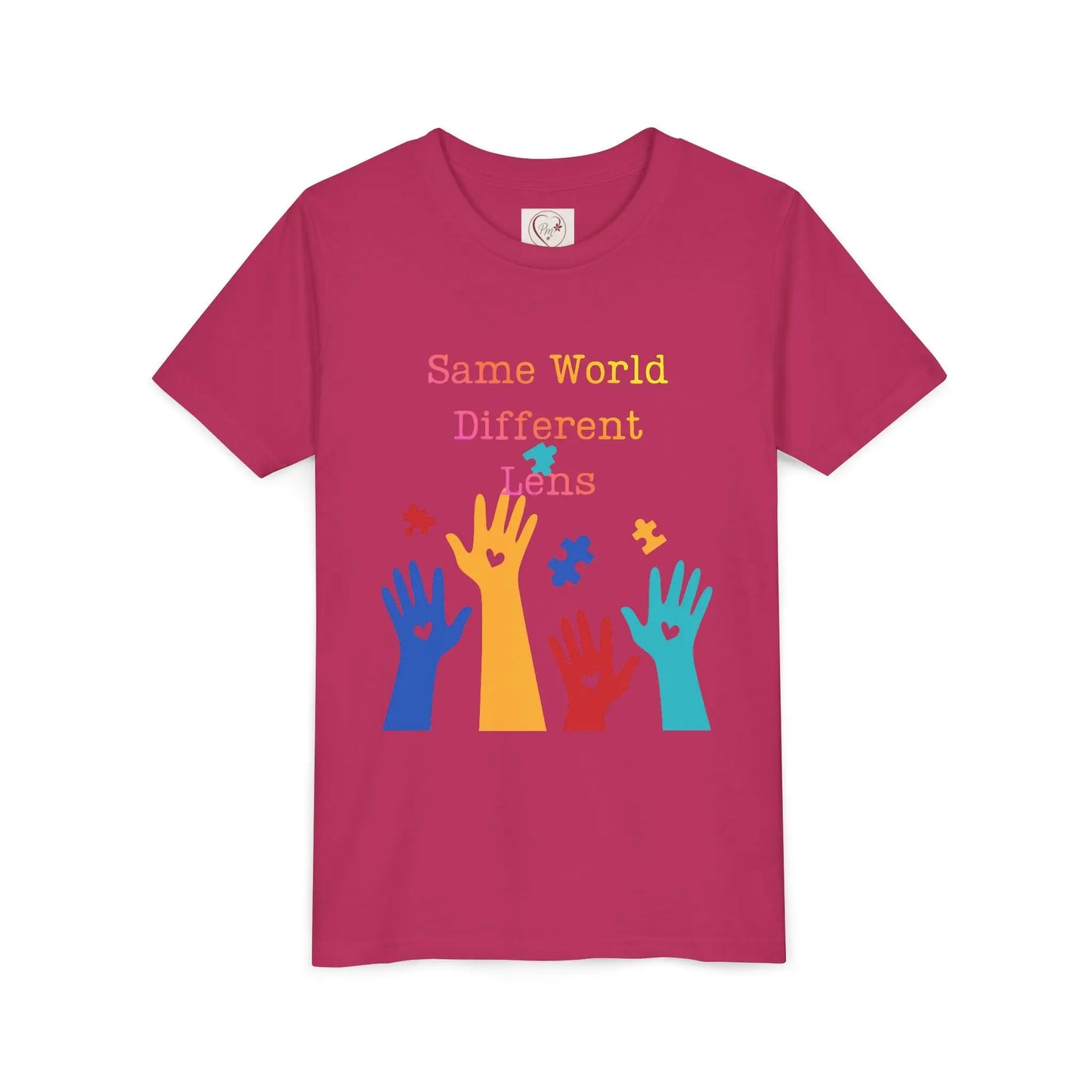 Soft cotton youth tee with colorful hands, puzzle pieces, and Built Differently message. Celebrates neurodiversity and inclusion. Sizes 2T-5T. berry
