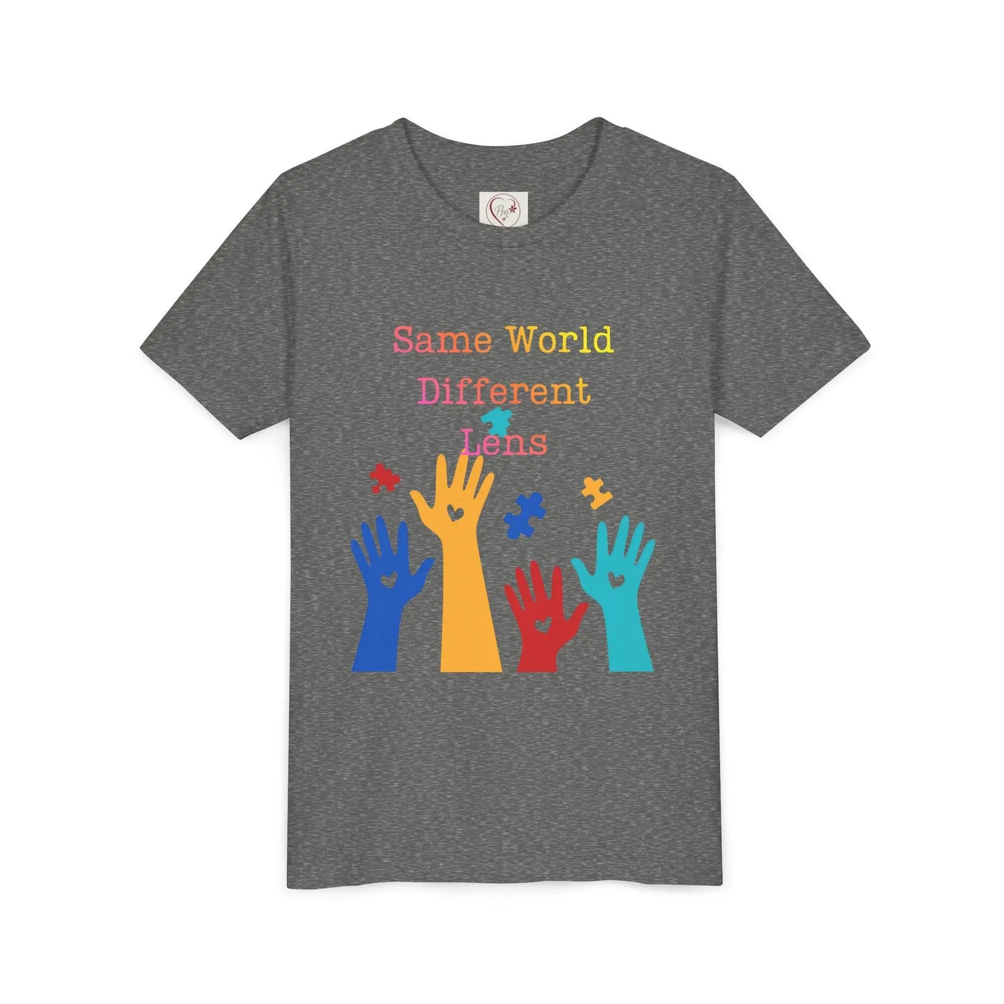 Soft cotton Youth tee with colorful hands, puzzle pieces, and Built Differently message. Celebrates neurodiversity and inclusion. Sizes 2T-5T. Dark Heather Grey