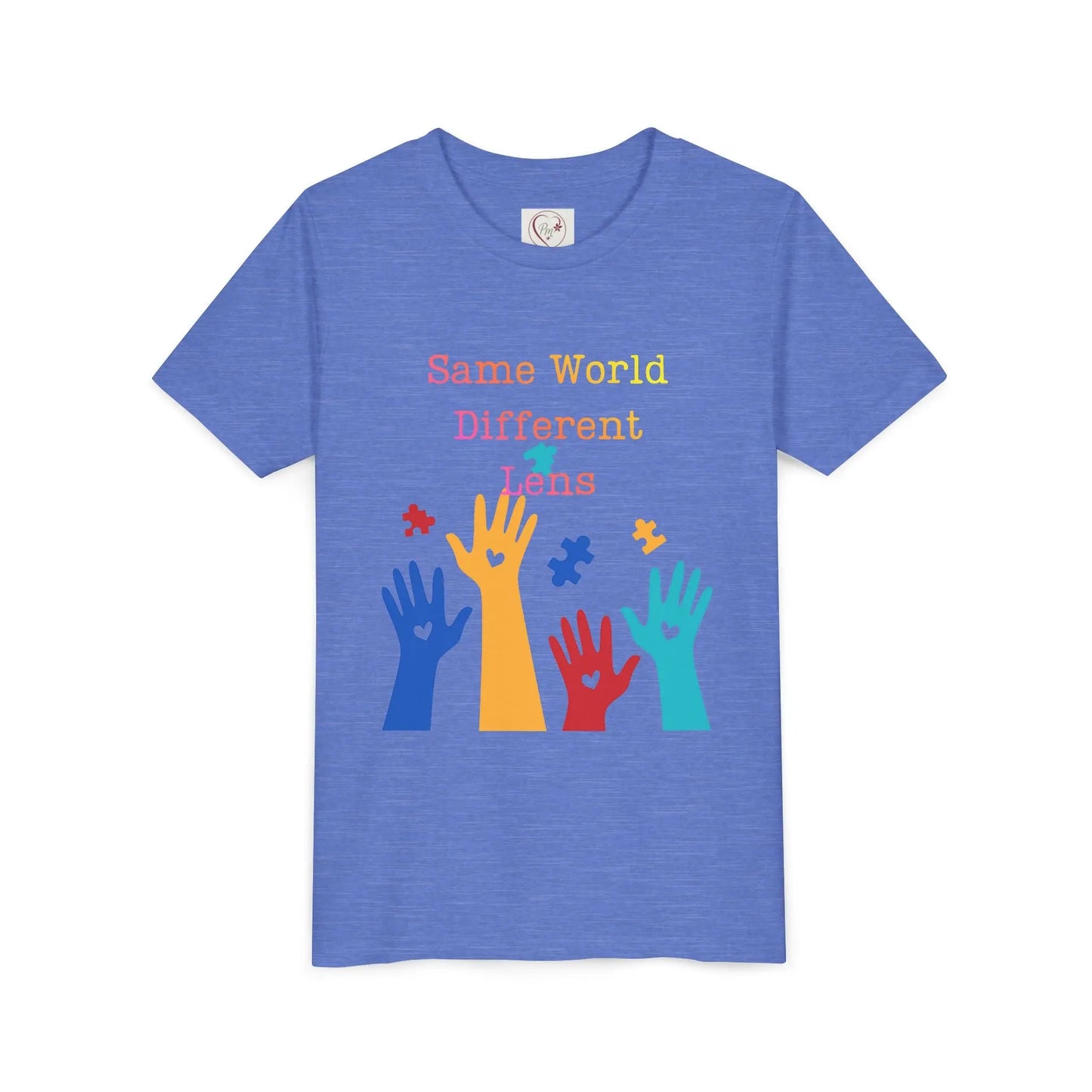 Soft cotton youth tee with colorful hands, puzzle pieces, and Built Differently message. Celebrates neurodiversity and inclusion. Sizes 2T-5T. heather columbia blue
