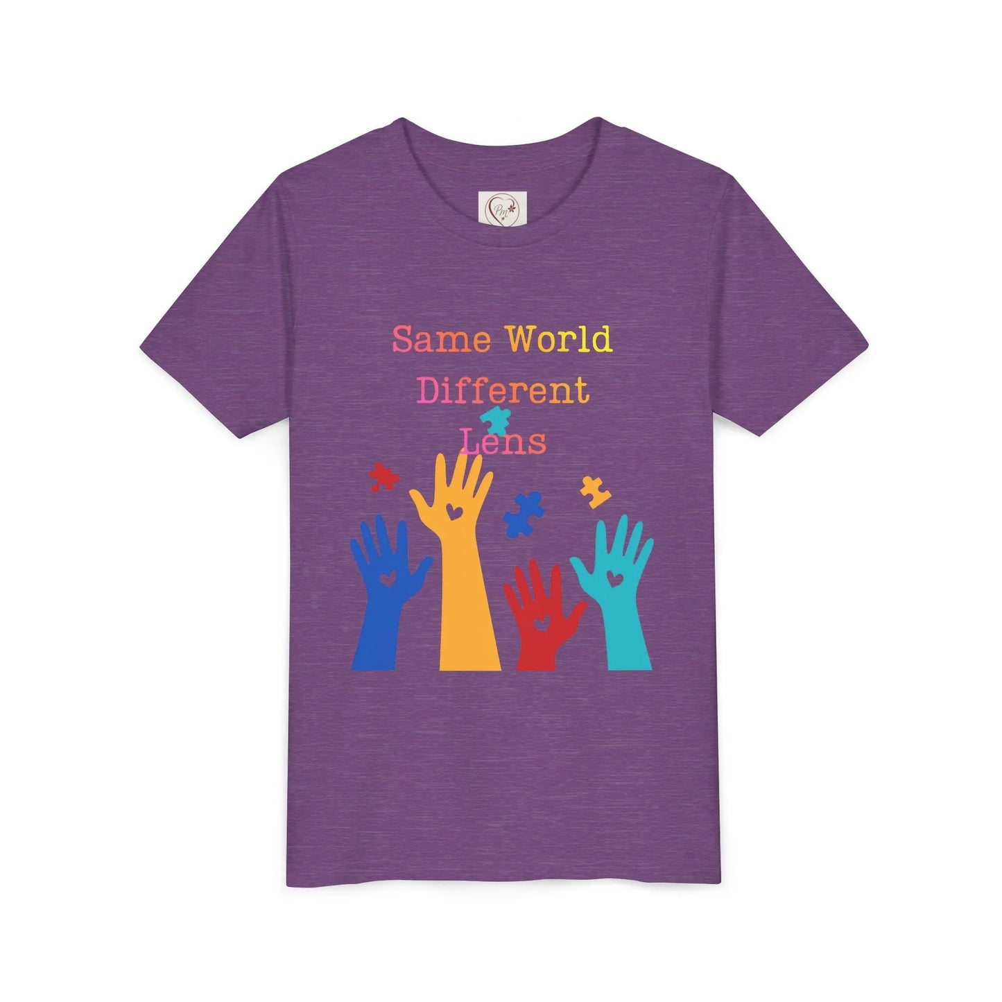Soft cotton youth tee with colorful hands, puzzle pieces, and Built Differently message. Celebrates neurodiversity and inclusion. Sizes 2T-5T. Heather Team Purple