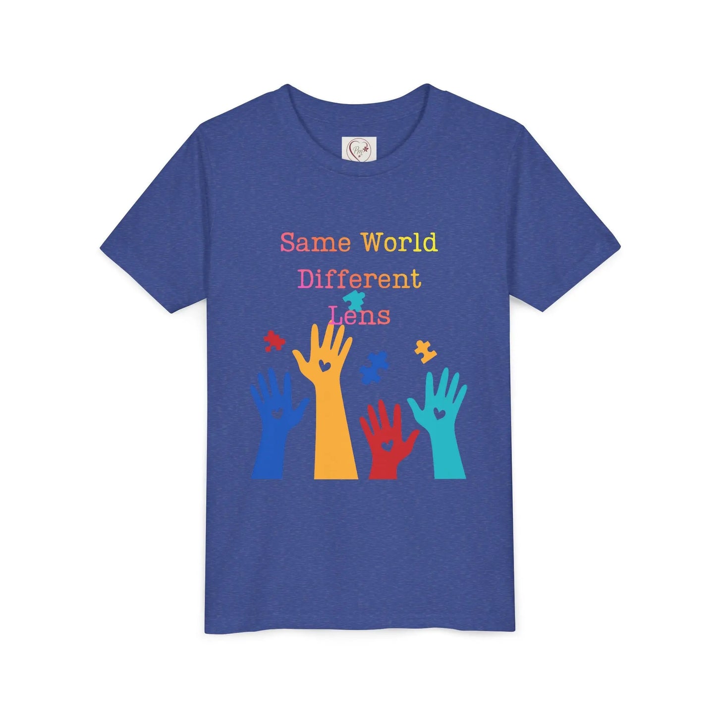 Soft cotton youth tee with colorful hands, puzzle pieces, and Built Differently message. Celebrates neurodiversity and inclusion. Sizes 2T-5T. Heather True Royal
