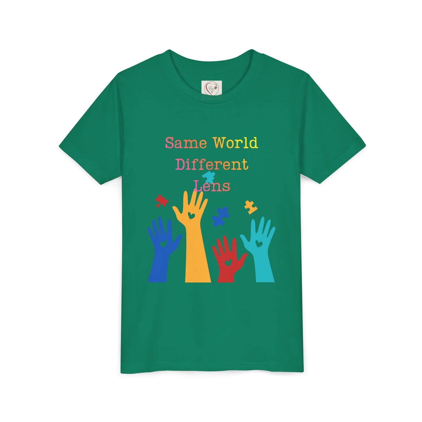 Soft cotton youth tee with colorful hands, puzzle pieces, and Built Differently message. Celebrates neurodiversity and inclusion. Sizes 2T-5T. Kelly Green

