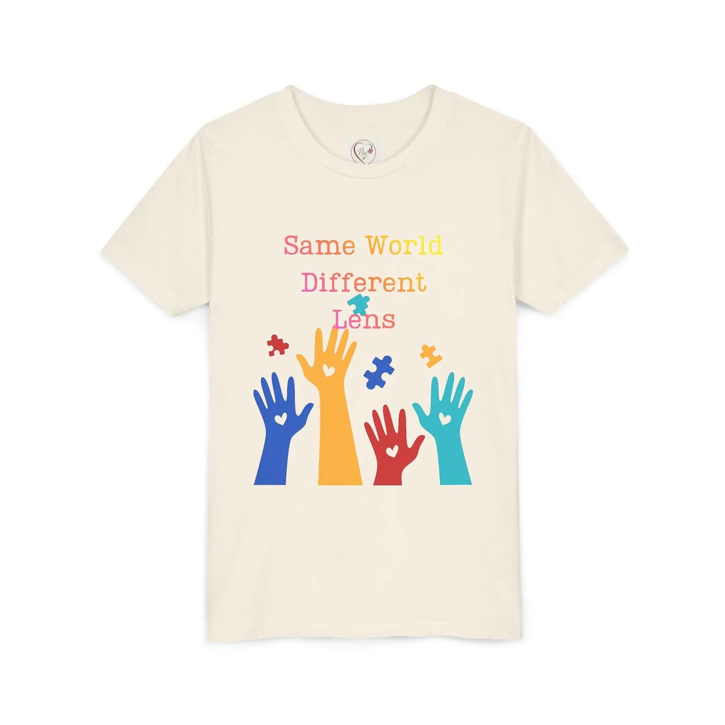 Soft cotton Youth tee with colorful hands, puzzle pieces, and Built Differently message. Celebrates neurodiversity and inclusion. Sizes 2T-5T. Natural
