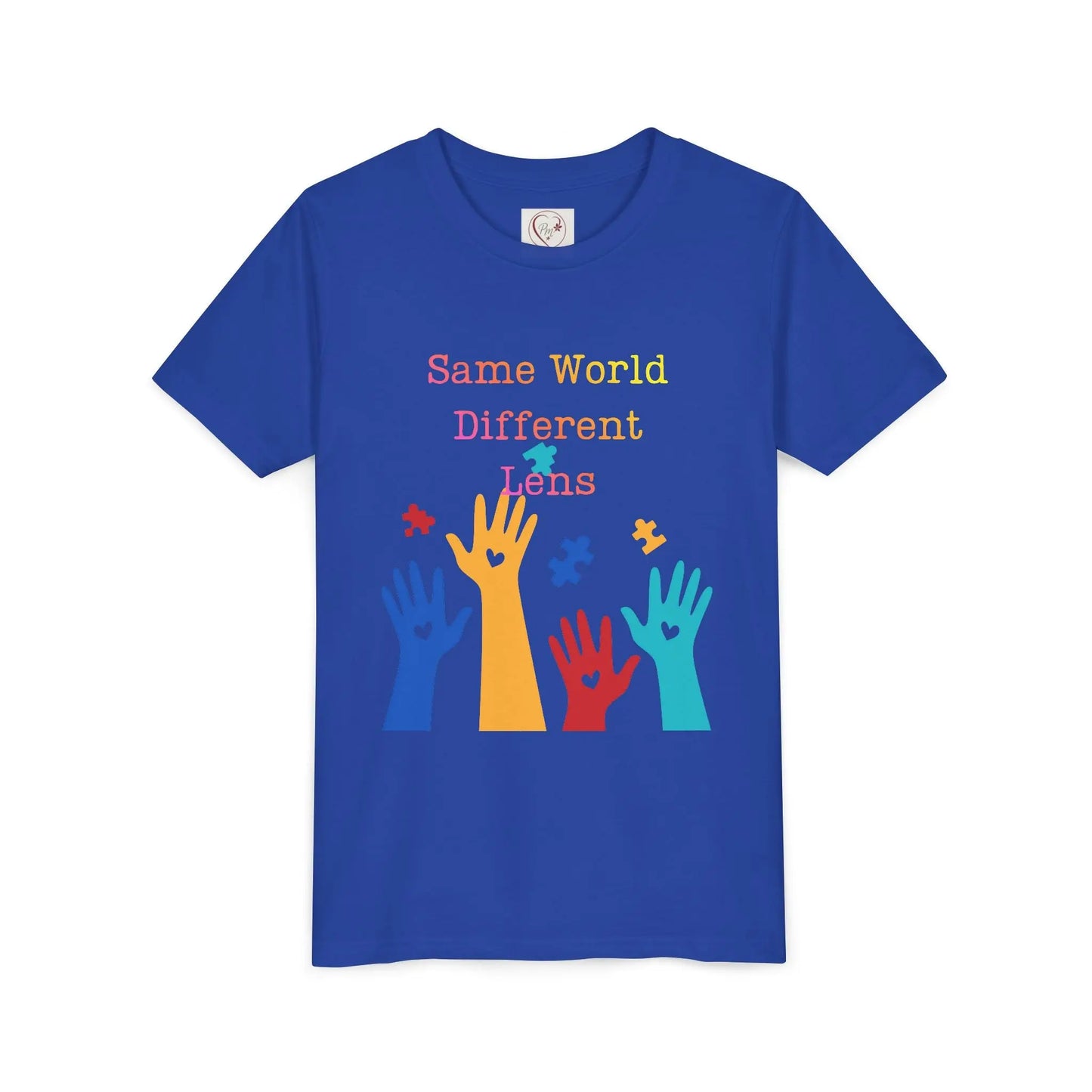 Soft cotton youth tee with colorful hands, puzzle pieces, and Built Differently message. Celebrates neurodiversity and inclusion. Sizes 2T-5T. True Royal
