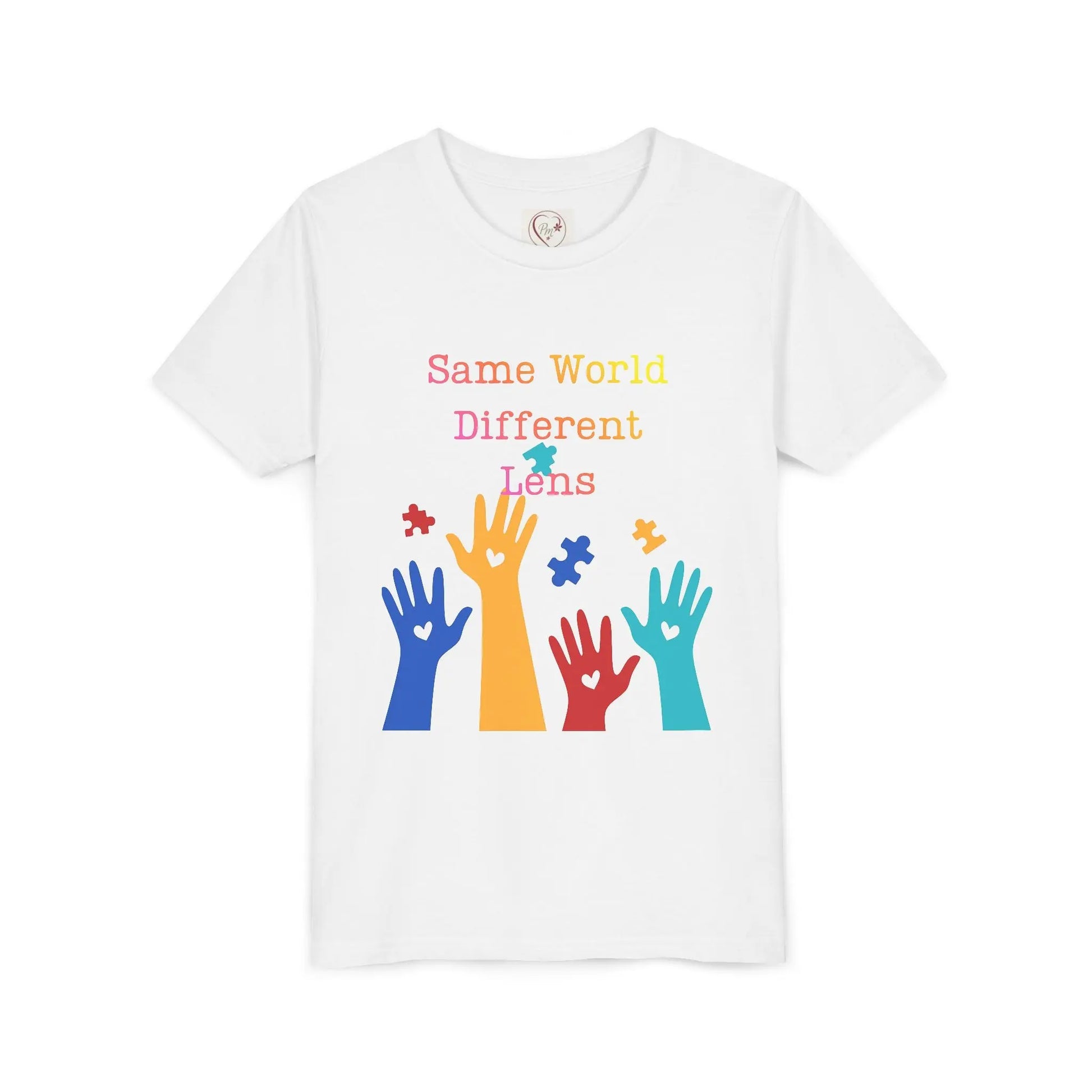 Soft cotton youth tee with colorful hands, puzzle pieces, and Built Differently message. Celebrates neurodiversity and inclusion. Sizes 2T-5T. White
