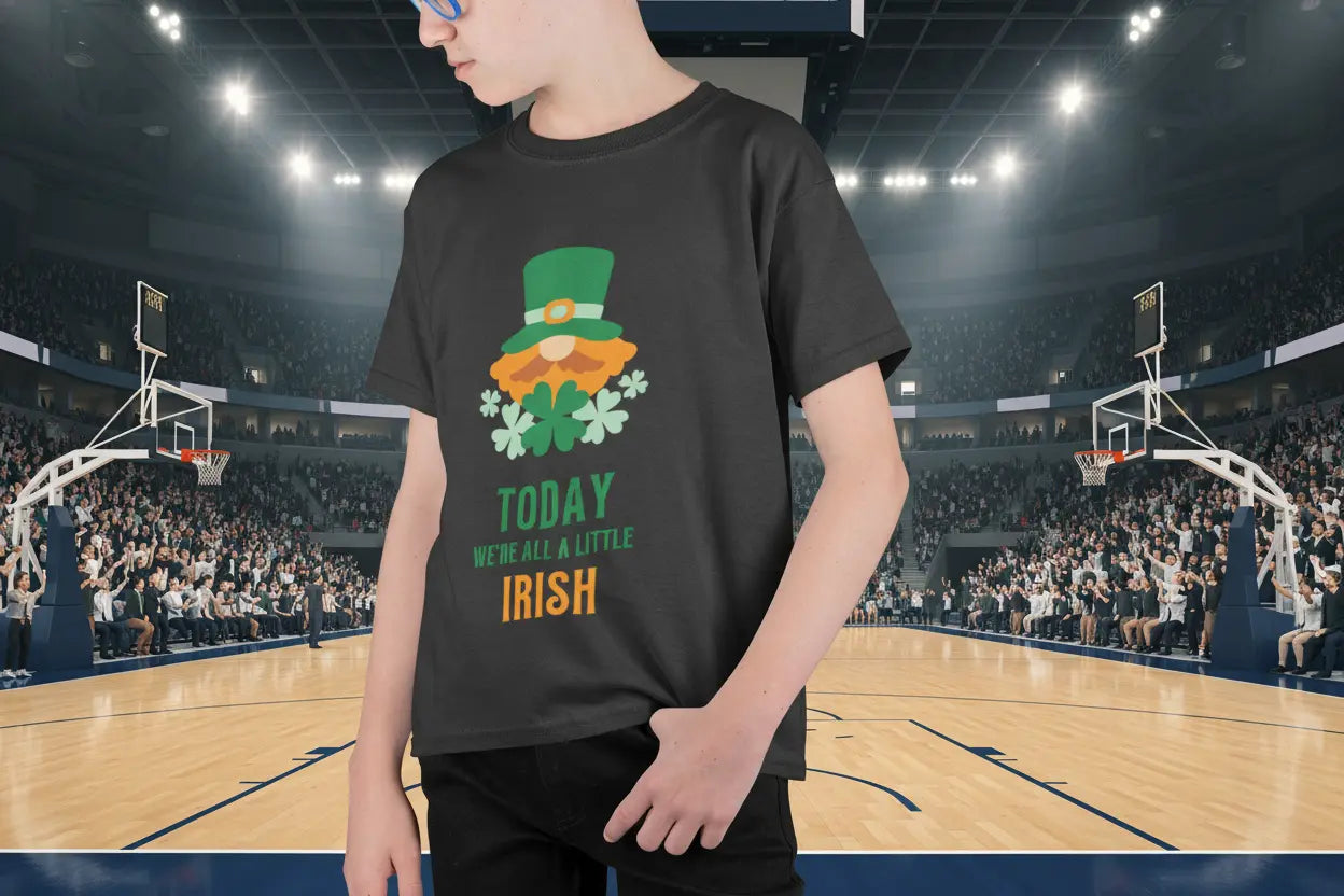 Youth wearing Today We're All a Little Irish tee with leprechaun and shamrocks
