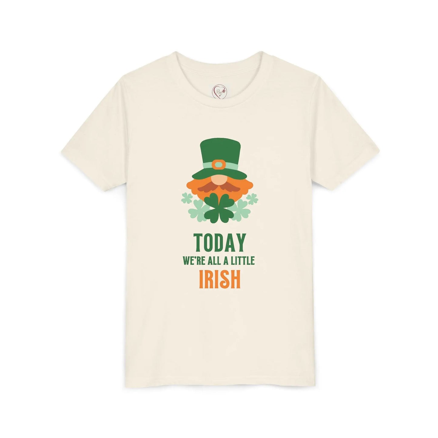 Soft cotton youth tee with cheerful leprechaun and Today We're All a Little Irish message. Perfect for St. Patrick's Day celebrations. Sizes S-XL.
Natural
