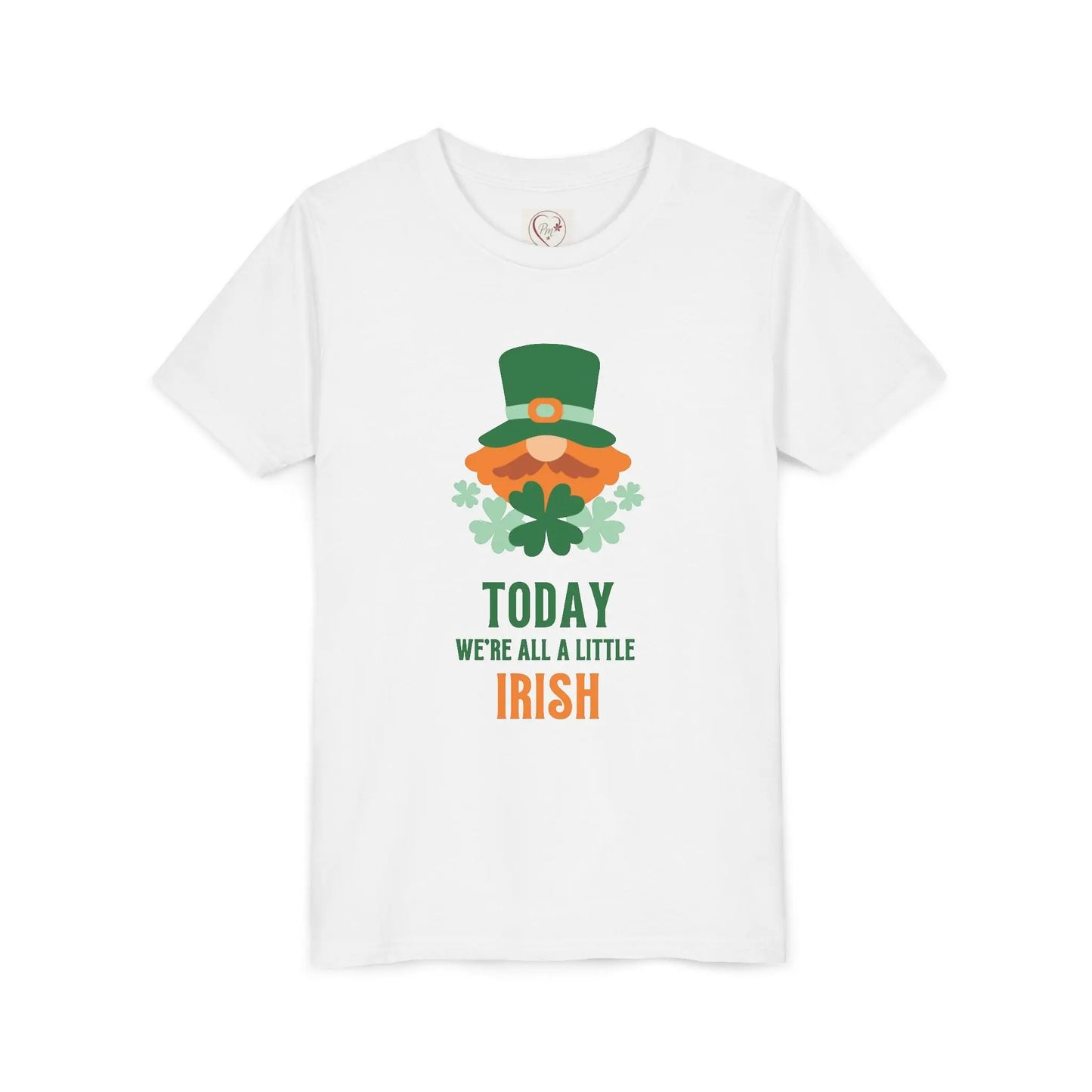 Soft cotton youth tee with cheerful leprechaun and Today We're All a Little Irish message. Perfect for St. Patrick's Day celebrations. Sizes S-XL.
White