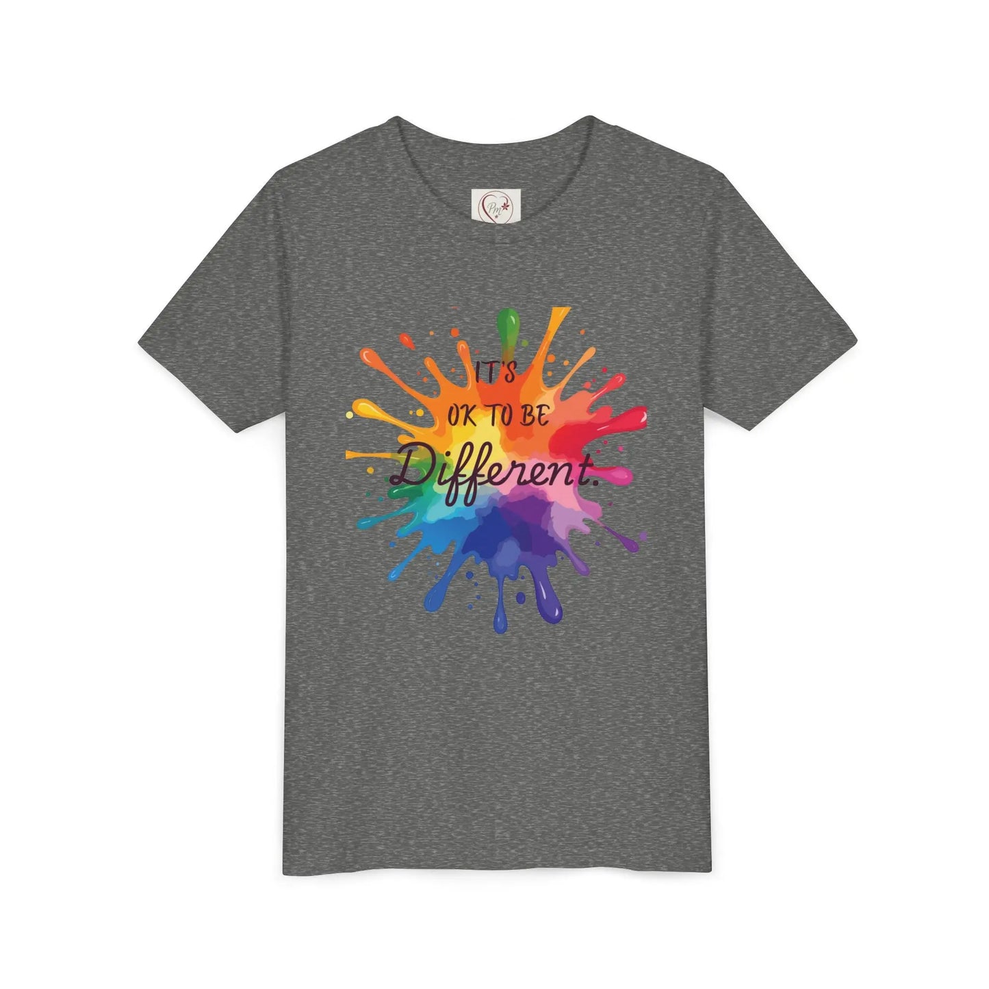 Youth wearing Athletic Heather Bella Canvas shirt with rainbow paint splash design reading It's OK To Be Different, autism awareness tee by PM Creations 25