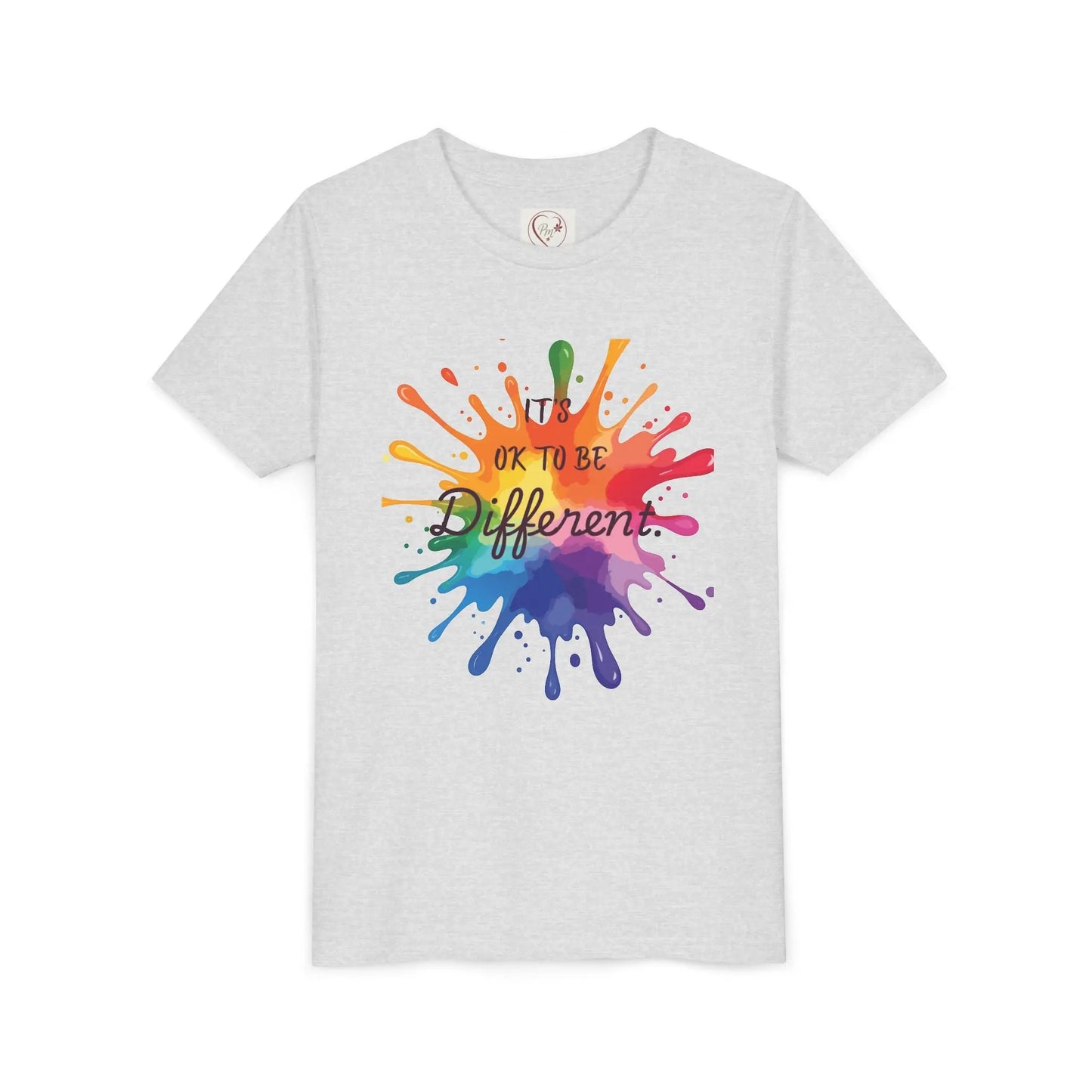 "Youth wearing Ash Bella Canvas shirt with rainbow paint splash design reading It's OK To Be Different, autism awareness tee by PM Creations 25"