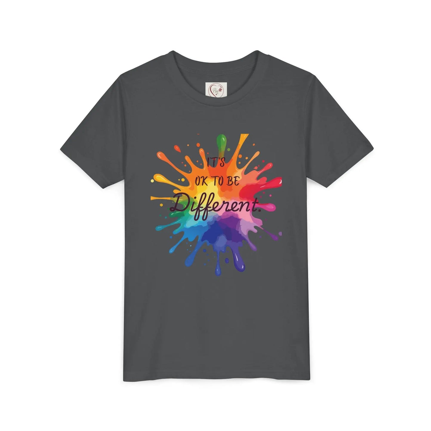 Asphalt Bella Canvas shirt with rainbow paint splash design reading It's OK To Be Different, Autism Awareness tee by PM Creations 25