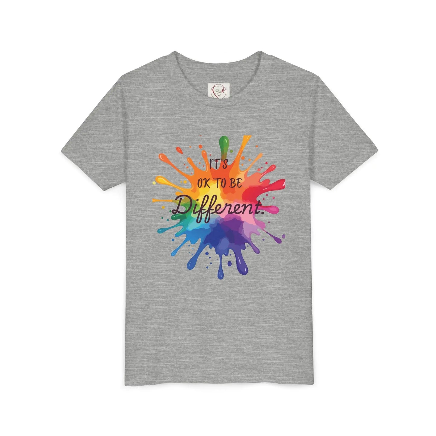  Athletic Heather Bella Canvas shirt with rainbow paint splash design reading It's OK To Be Different, autism awareness tee by PM Creations 25