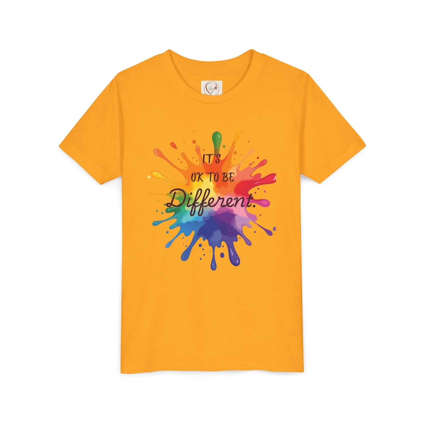 Gold Bella Canvas shirt with rainbow paint splash design reading It's OK To Be Different, autism awareness tee by PM Creations 25