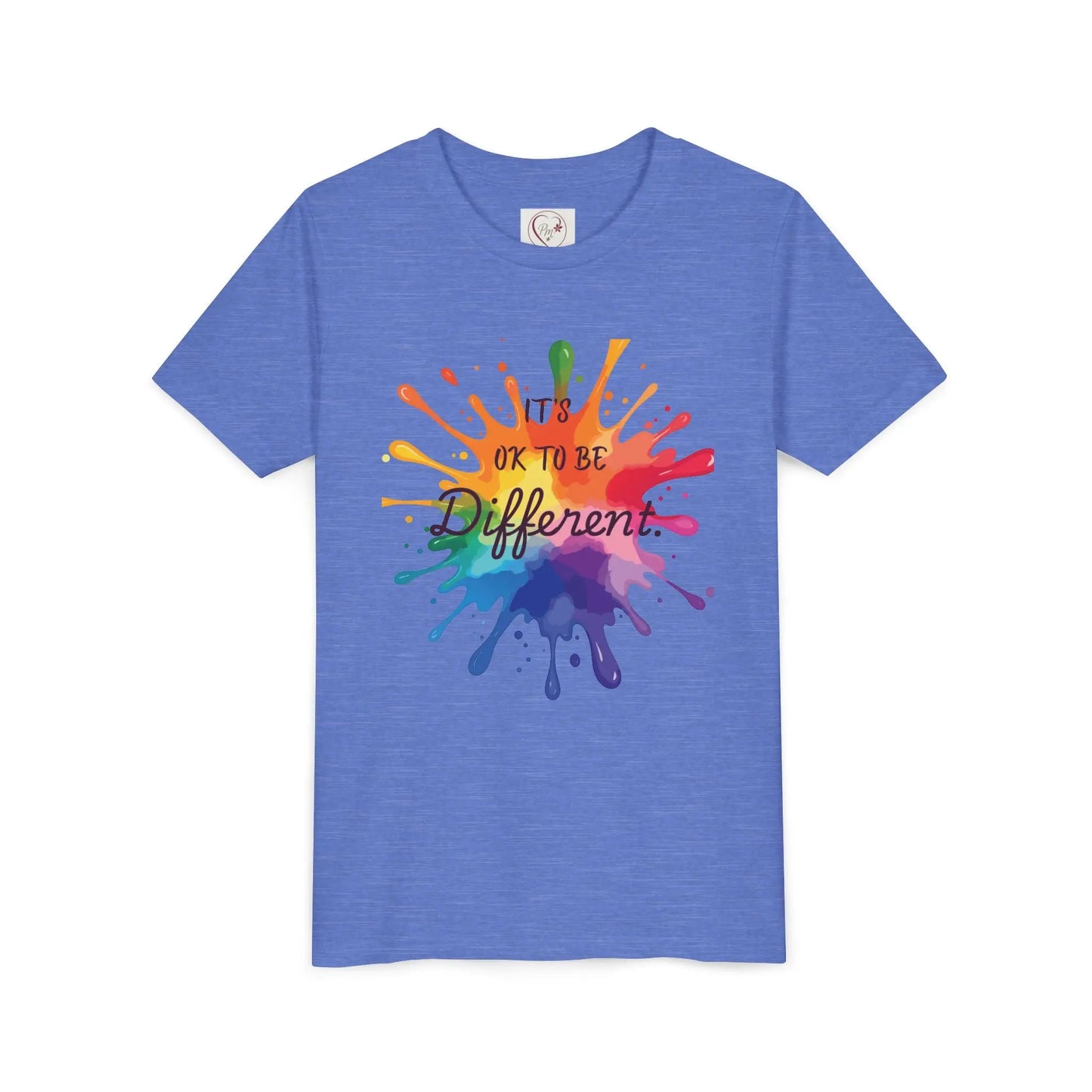  Heather Columbia Blue Bella Canvas shirt with rainbow paint splash design reading It's OK To Be Different, autism awareness tee by PM Creations 25