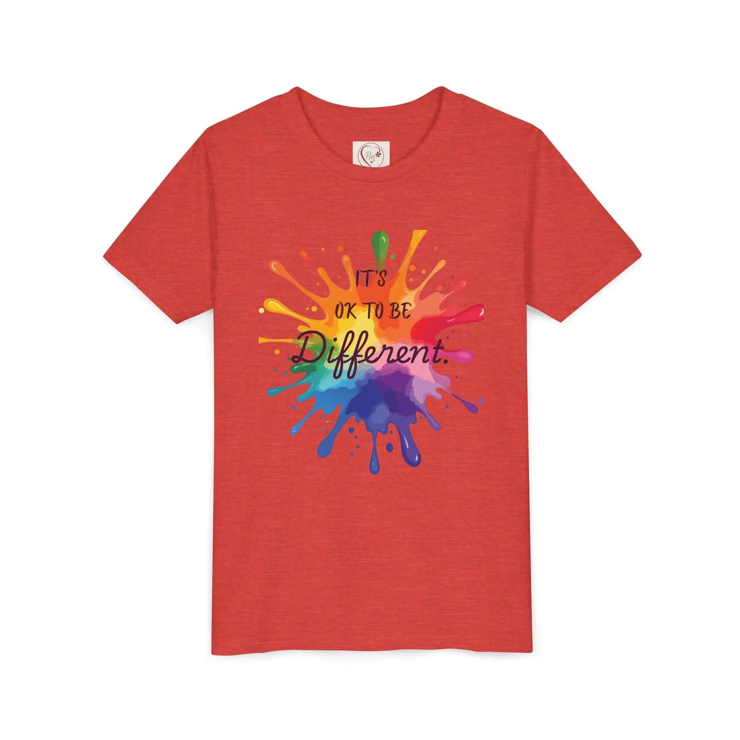 Heather Red Bella Canvas shirt with rainbow paint splash design reading It's OK To Be Different, Autism Awareness tee by PM Creations 25