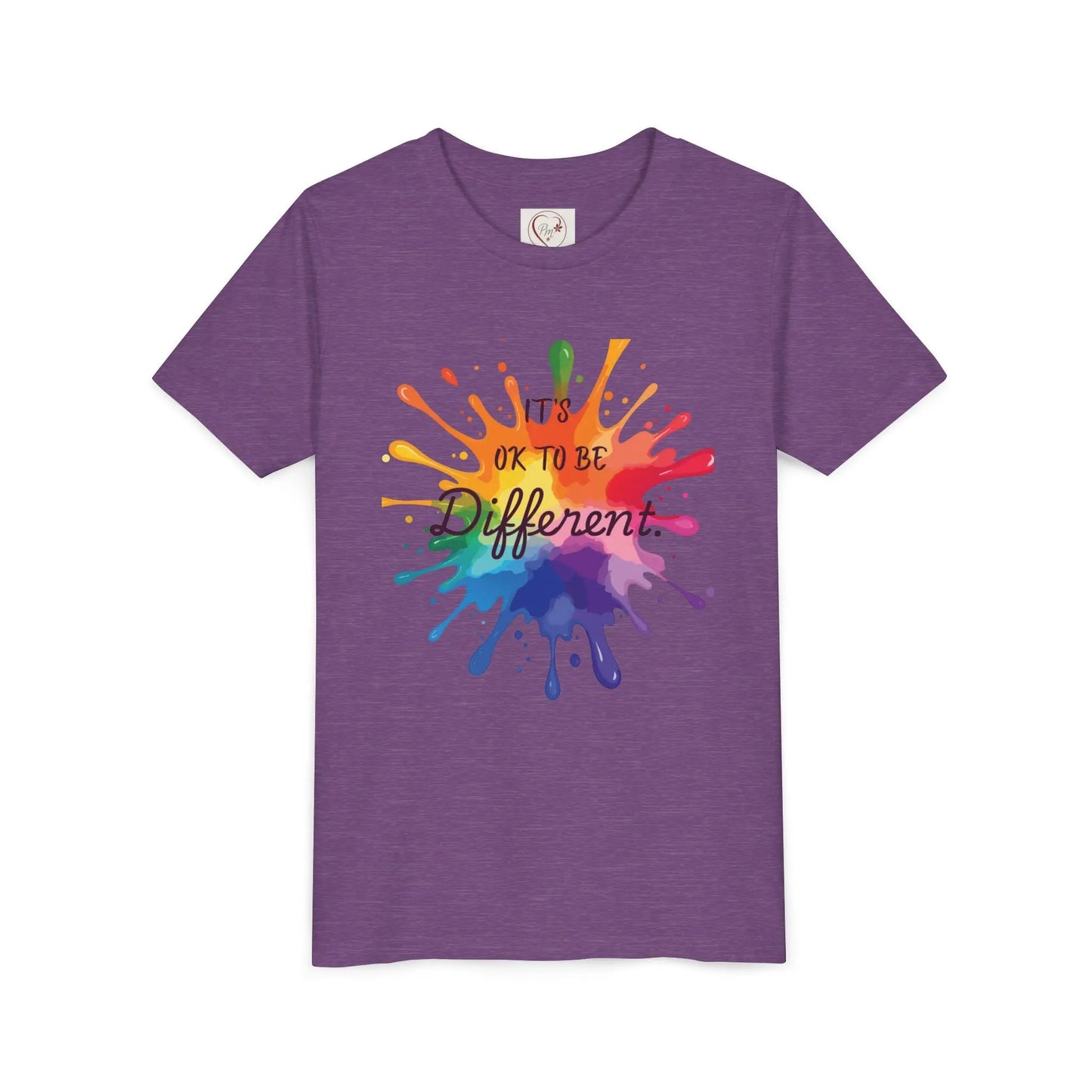  Heather Team Purple Bella Canvas shirt with rainbow paint splash design reading It's OK To Be Different, Autism Awareness tee by PM Creations 25