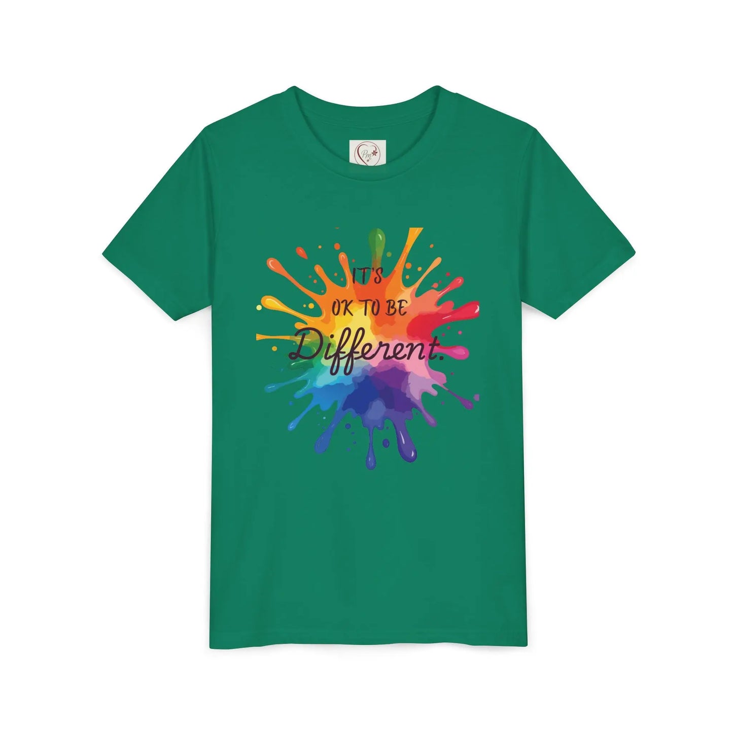 Kelly Green Bella Canvas shirt with rainbow paint splash design reading It's OK To Be Different, autism awareness tee by PM Creations 25 