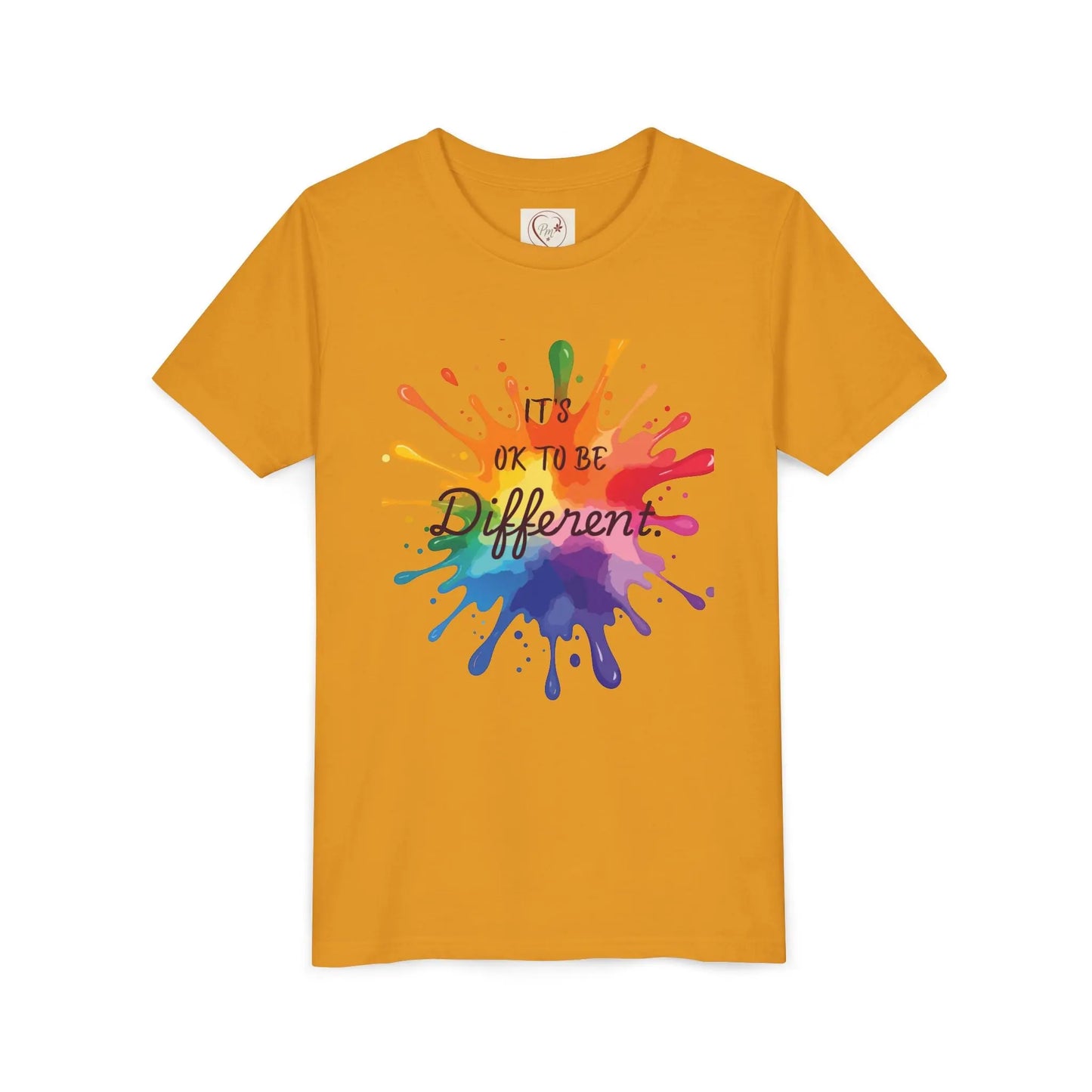 Mustard Bella Canvas shirt with rainbow paint splash design reading It's OK To Be Different, autism awareness tee by PM Creations 25 