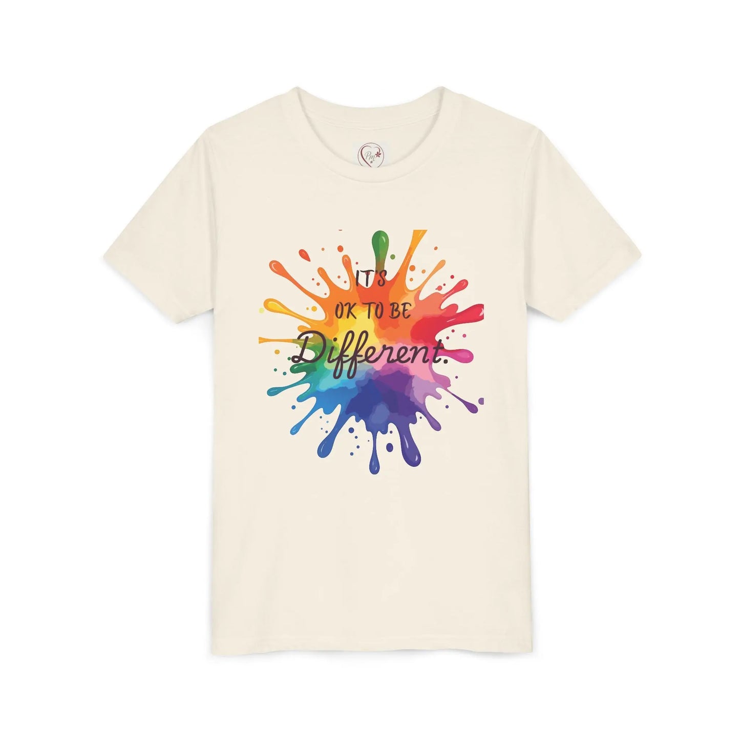 Youth wearing Natural Bella Canvas shirt with rainbow paint splash design reading It's OK To Be Different, autism awareness tee by PM Creations 25