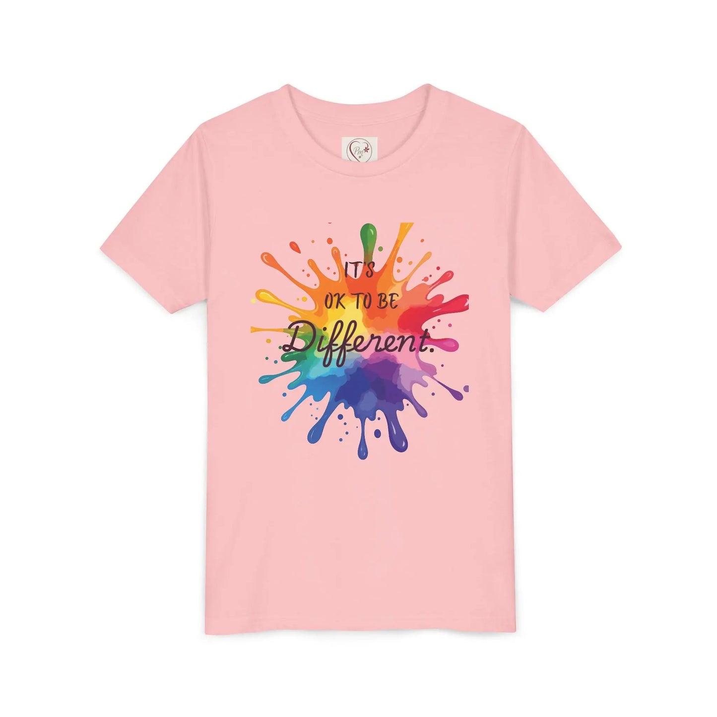 Pink Bella Canvas shirt with rainbow paint splash design reading It's OK To Be Different, Autism Awareness tee by PM Creations 25