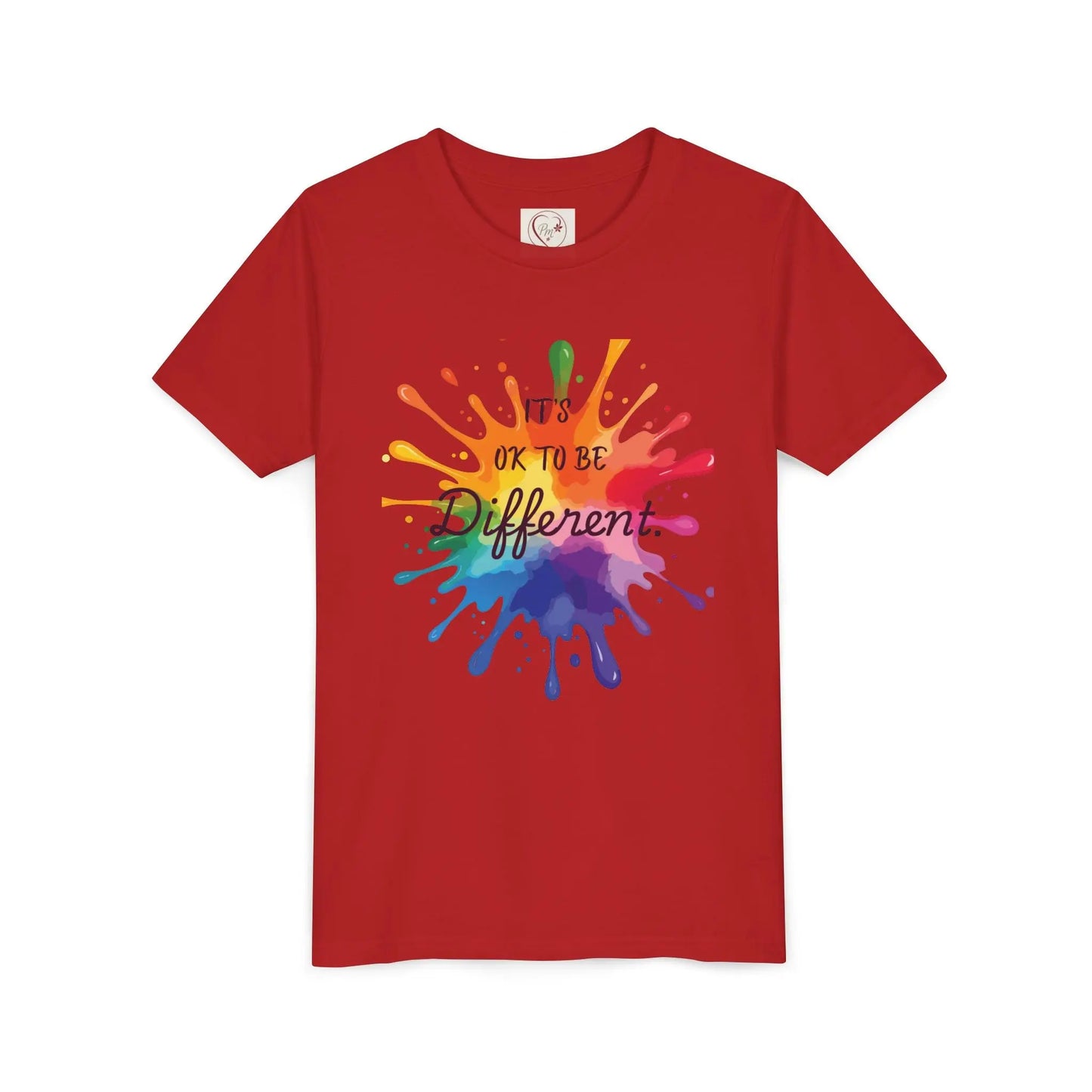 Youth wearing Red Bella Canvas shirt with rainbow paint splash design reading It's OK To Be Different, Autism Awareness tee by PM Creations 25