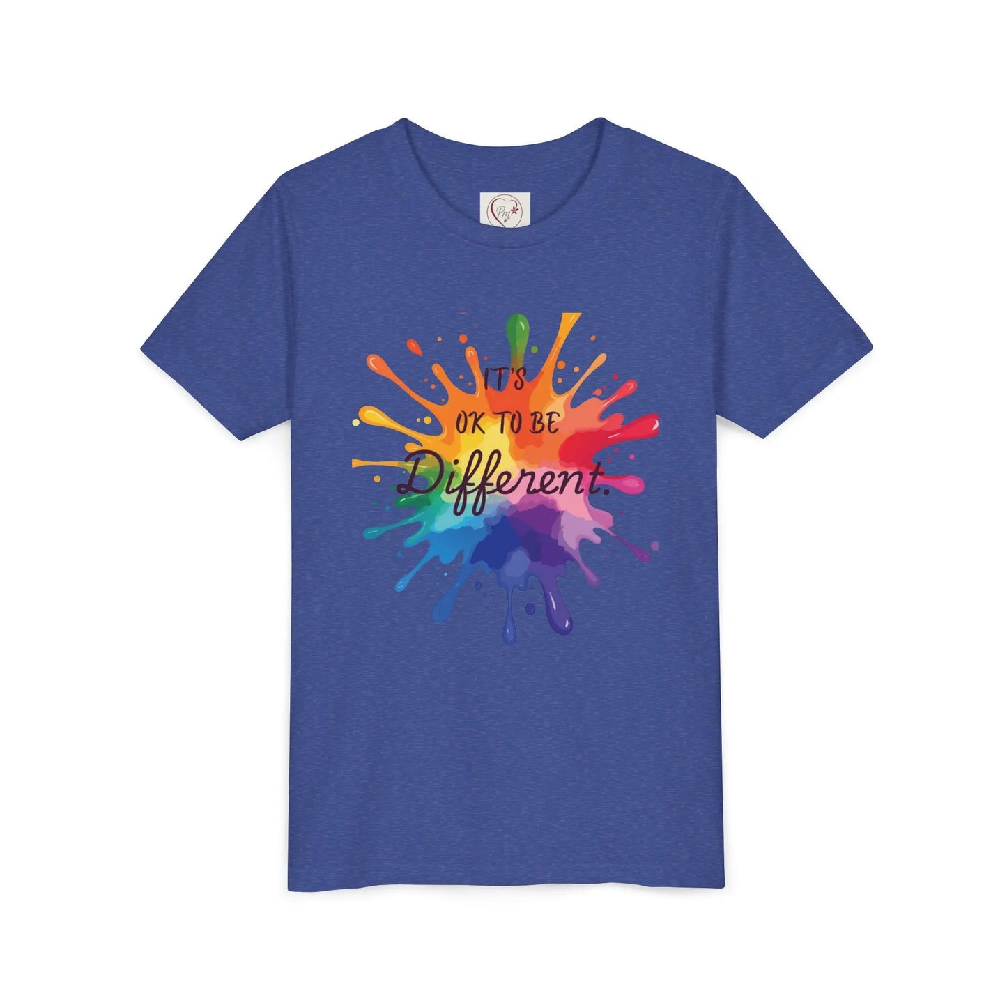 True Royal Blue Bella Canvas shirt with rainbow paint splash design reading It's OK To Be Different, Autism Awareness tee by PM Creations 25