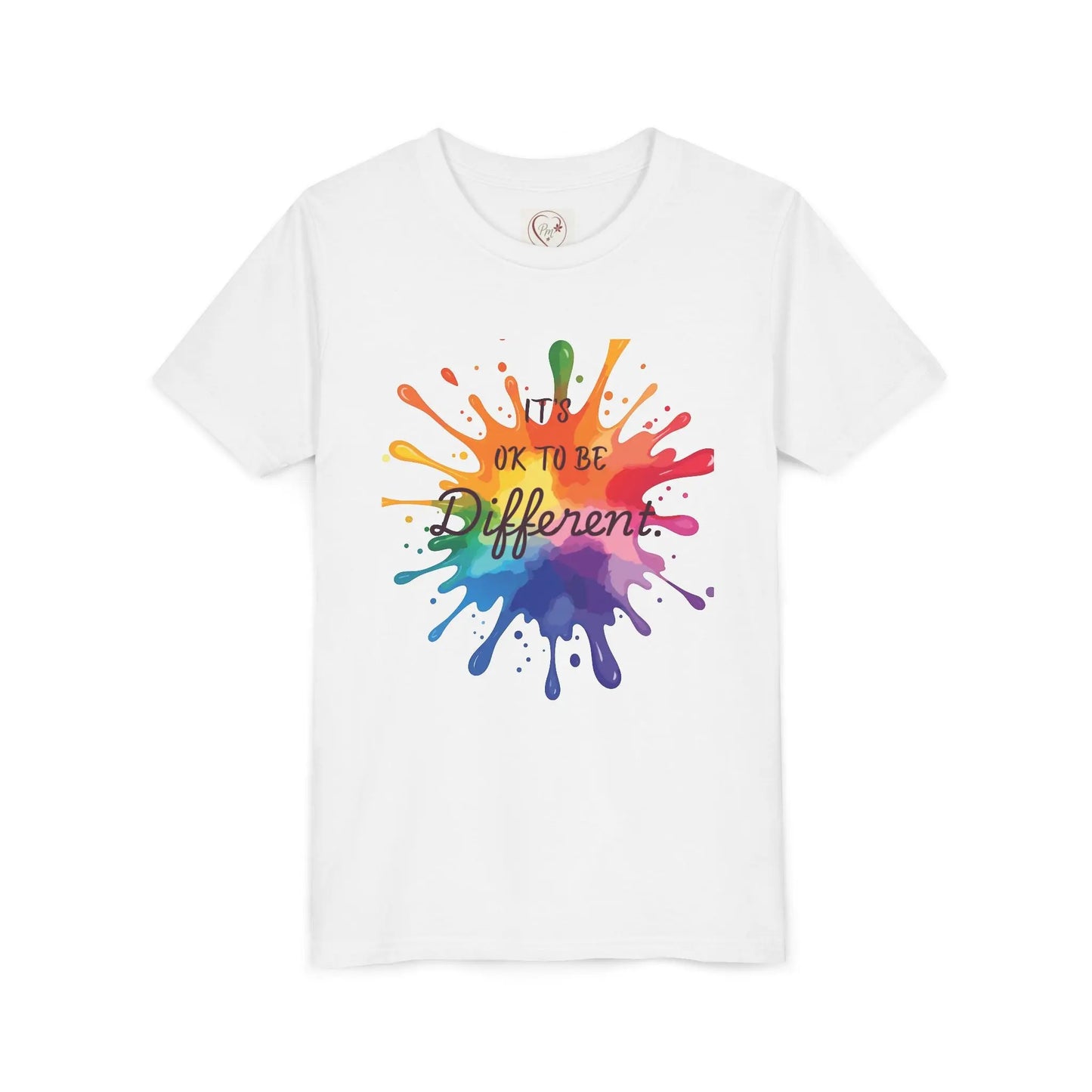 White Bella Canvas shirt with rainbow paint splash design reading It's OK To Be Different, autism awareness tee by PM Creations 25