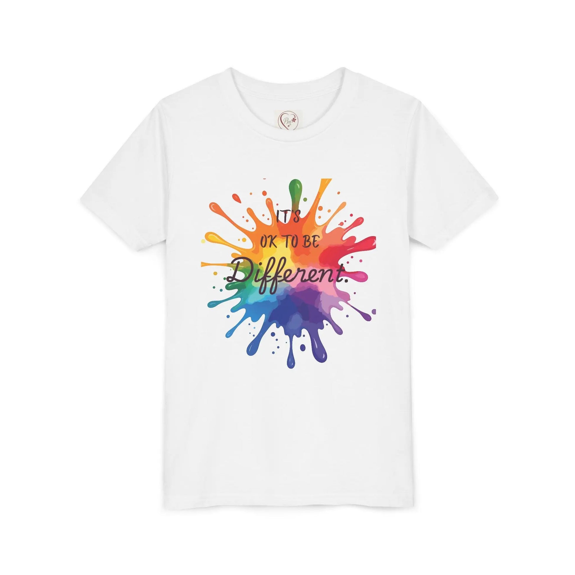 White Bella Canvas shirt with rainbow paint splash design reading It's OK To Be Different, autism awareness tee by PM Creations 25